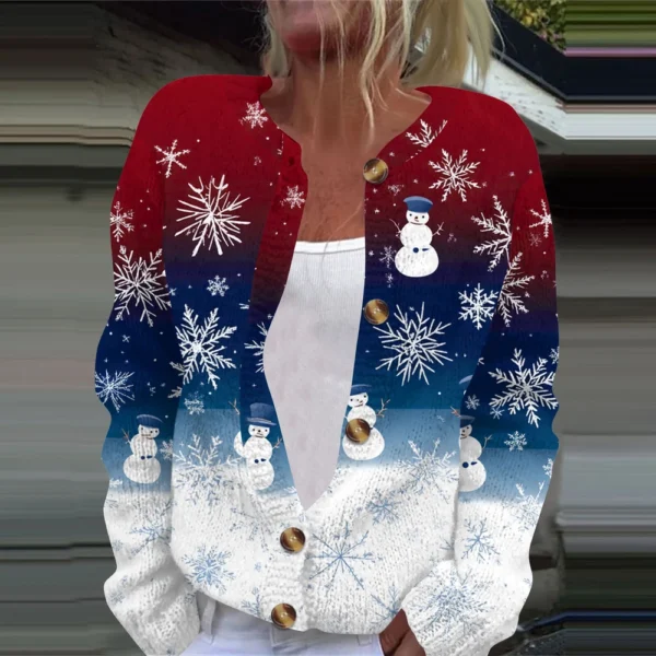 Women's Fashion Christmas Printed Long Sleeve Knitted Cardigan Button Down - Image 14