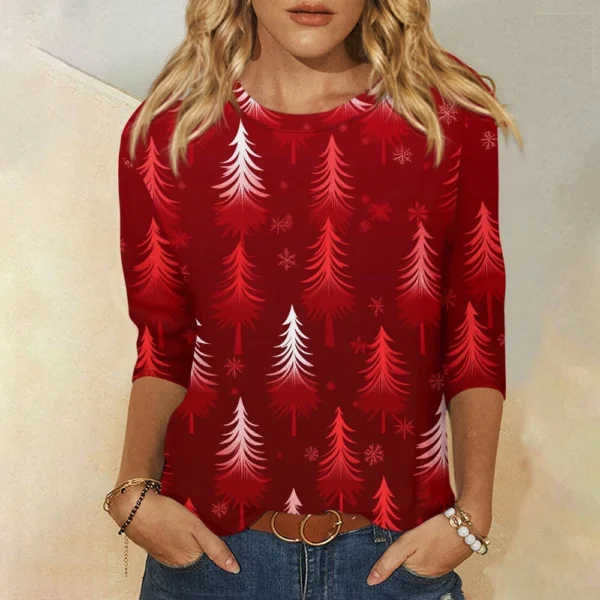 Ladies Loose Casual Round Neck T-Shirt Printed 3/4 Sleeve Christmas Women's Top - Image 37