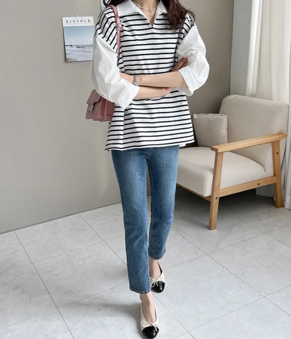 Women's Loose Striped Shirt Collar Women's Top - Image 11