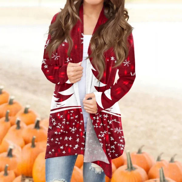 Women's Fashion Christmas Printed Jacket Cardigan Casual Medium Length Coat - Image 28