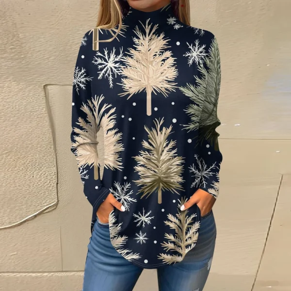 Women's Casual Pullover High Neck Christmas Long Sleeve Printed Fashion T-Shirt - Image 19