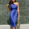 Women's long dress slanted shoulder slim satin dress - Image 4