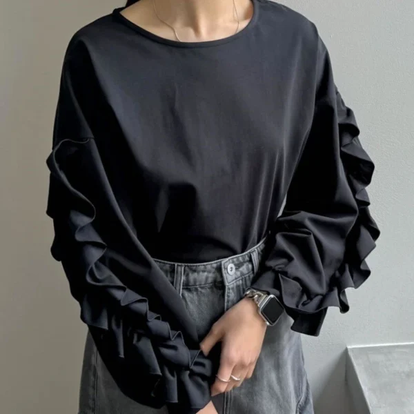 Crew neck solid color loose casual long-sleeved women's top - Image 13