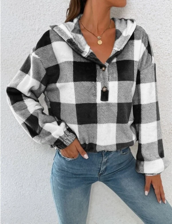 Button Hooded Plush Loose Casual Sweater Women's Clothing - Image 12