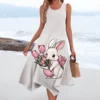 Women's Casual Fashion Round Neck Sleeveless Print Irregular Hem Midi Dress - Image 16