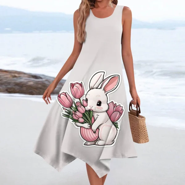 Women's Casual Fashion Round Neck Sleeveless Print Irregular Hem Midi Dress - Image 16