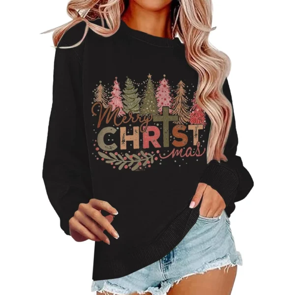 Women's Casual Loose Solid Color Easter Print Round Neck Long Sleeve Hoodie - Image 3