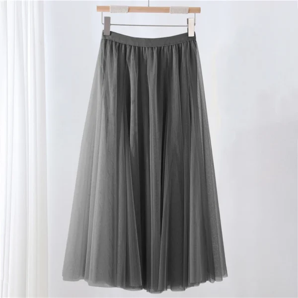 Women's Solid Color Mesh Skirt With Elastic Band Large Swing Mid Length Skirt - Image 19