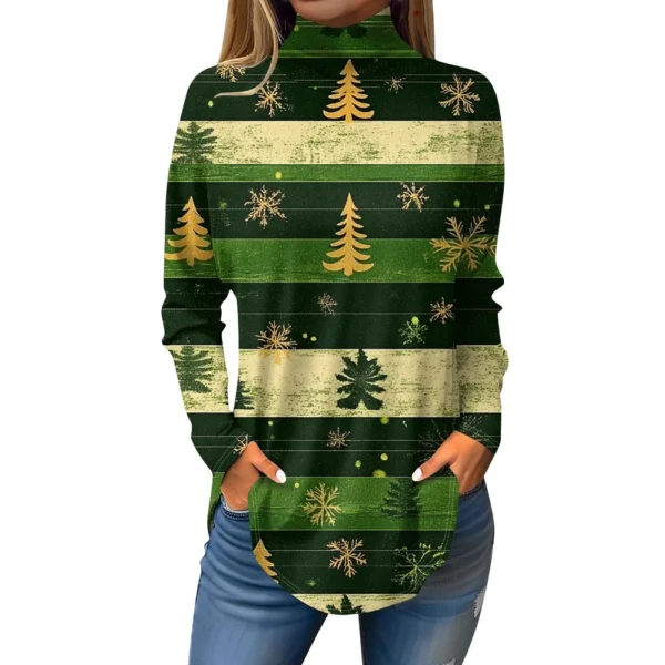 Women's Printed Christmas High Neck Pullover Long Sleeve Casual Fashion T-Shirt - Image 4