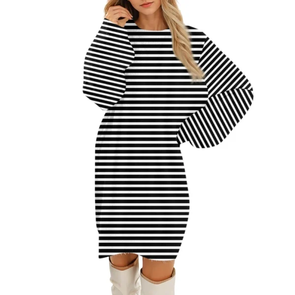 Women's Round Neck Casual Long Sleeve Plush Gradient Stripe Dresses - Image 13