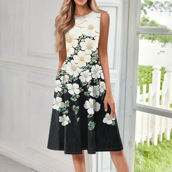 Women's Casual Fashion Floral Print Round Neck Sleeveless Solid Color Midi Dress - Image 13