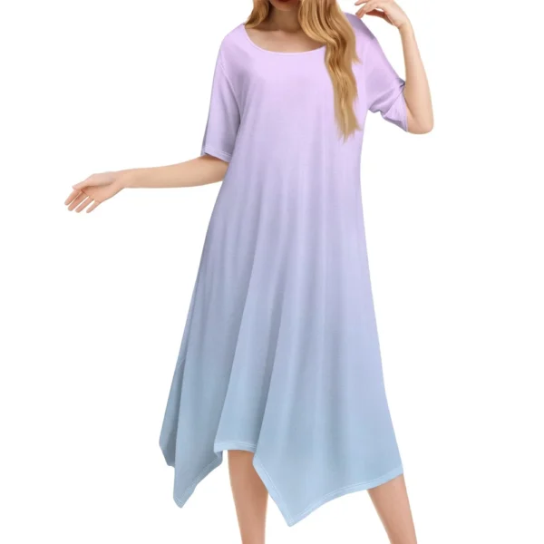 Women's Casual Fashion Round Neck Short Sleeve Print Irregular Hem Midi Dress - Image 5