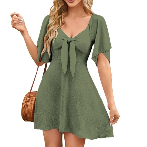 Women's Loose Casual Solid Color V-Neck Bow Tie Short Sleeved Dress Mini Dress - Image 9