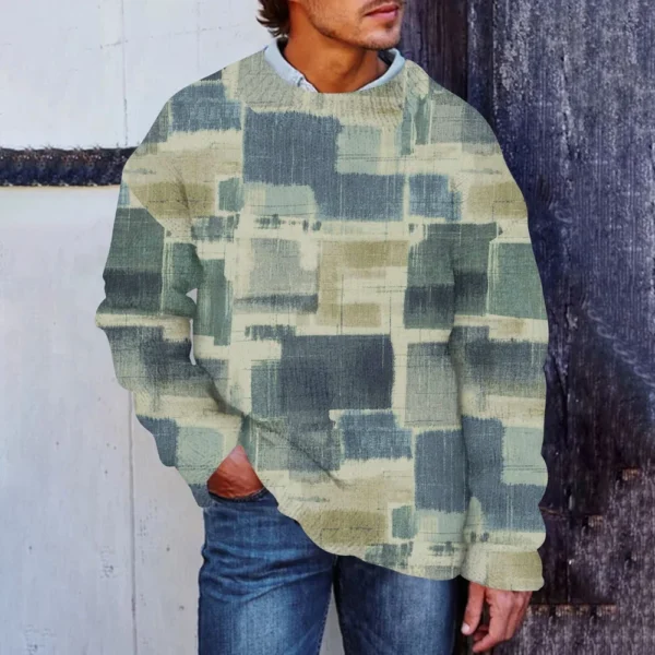 Men'S Printed Synthetic Sweater Round Neck Sportswear Loose Long Sleeved Top - Image 22