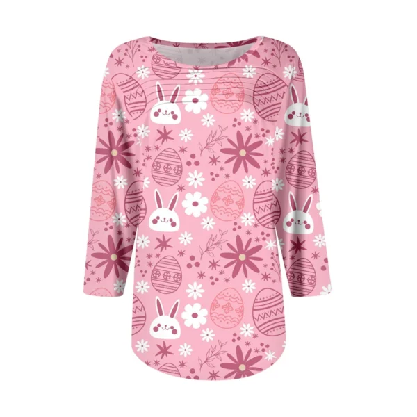 Women's Fashion Round Neck Pleated Front Placket Print 3/4 Sleeve Top - Image 12