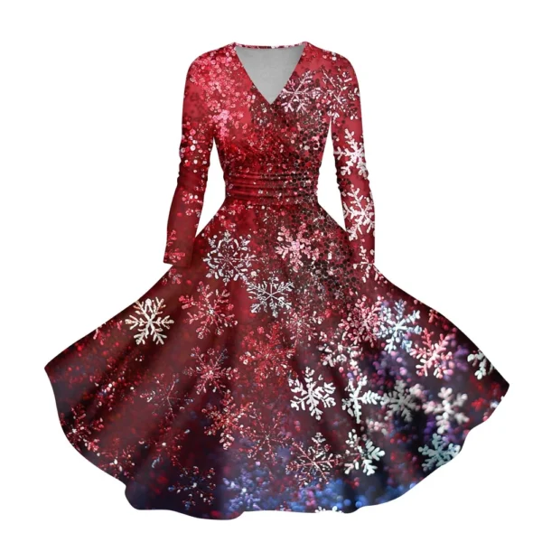Women's Casual V-Neck Slim Fashion Christmas Long Sleeve Printed Dresses - Image 6