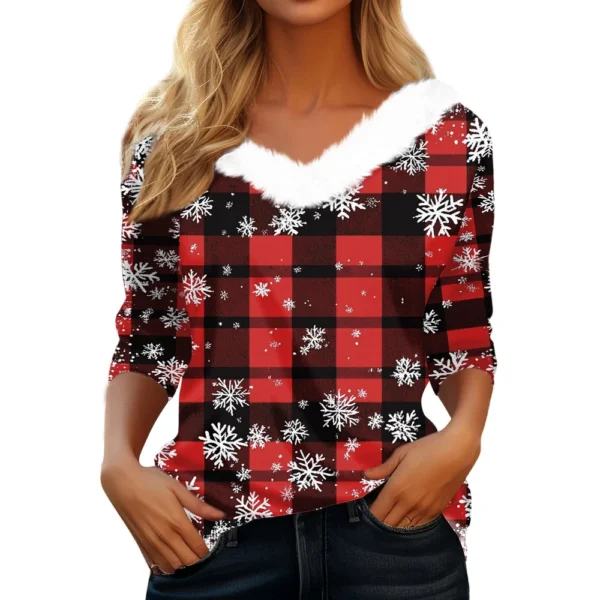 Women's Party Fleece Collar Shirt T Shirt Christmas Long Sleeve V Neck Top - Image 3