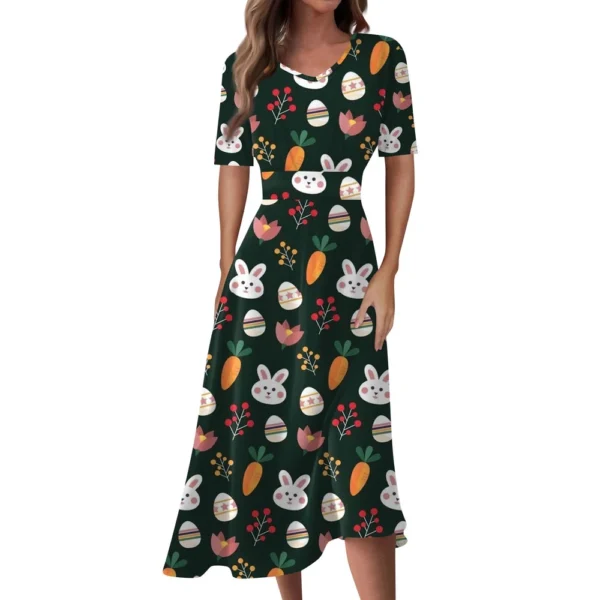 Ladies Casual Fashion Gradient Print V-Neck Short Sleeve Waist Long Swing Dress - Image 20
