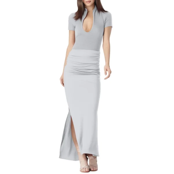 Women's Deep V-Neck Short-Sleeved Solid Color Pleated Long Dress - Image 22