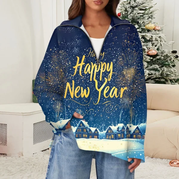 Women's Casual Half Zipper Lapel Christmas Printed Pullover Top Side Slit - Image 16