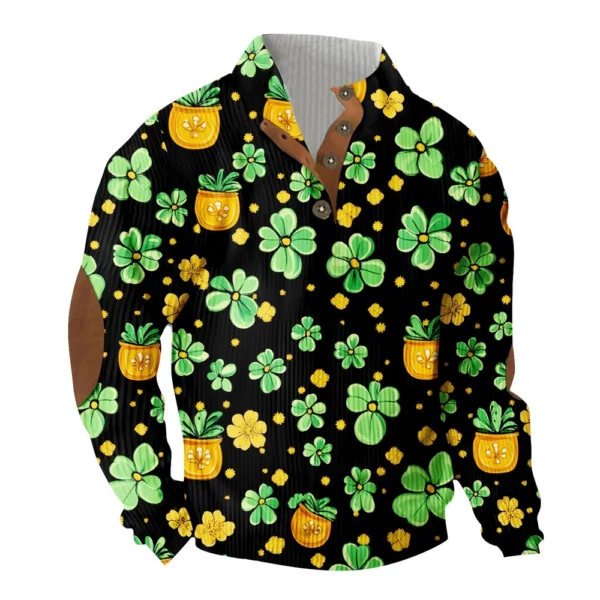 Knit Printed 3 Button - Corduroy Men's Standing Collar Pocket Sweatshirt - Image 10