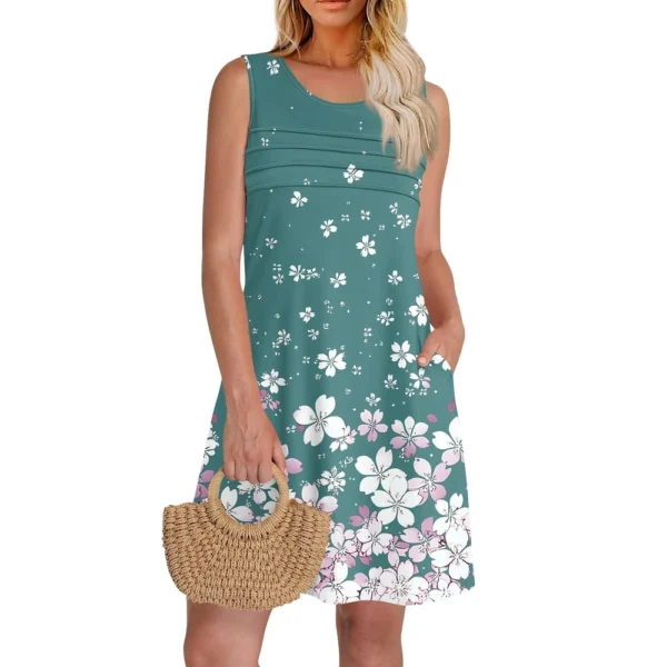 Women Summer Dresses CrewNeck Pleated Front Tank Sleeveless Pockets Sundress - Image 53