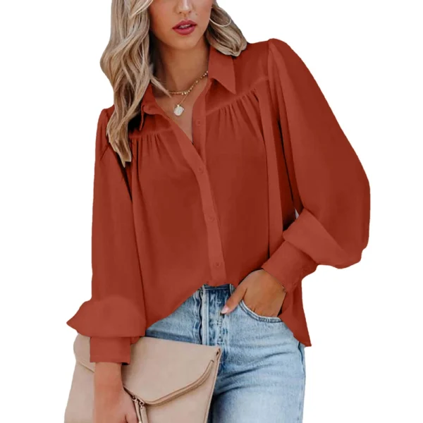 Button-down top pleated solid color stand-up collar women's clothing - Image 8