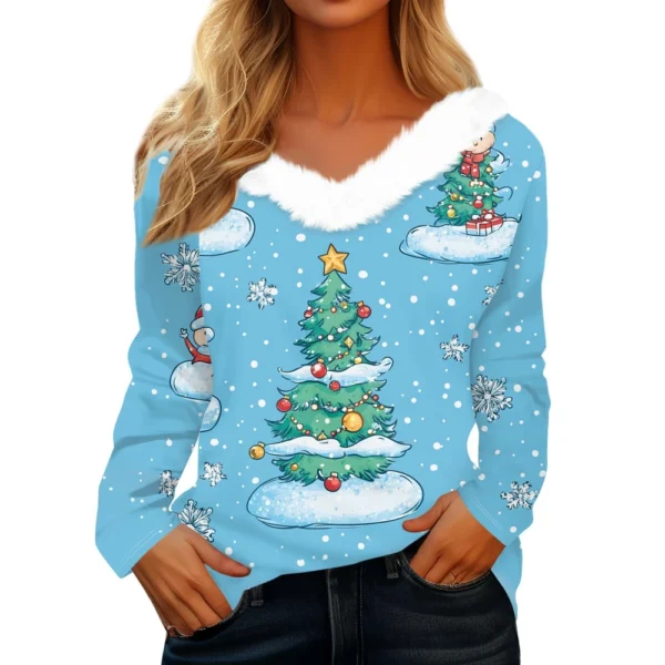 Women's Christmas Shirt Fleece Collar T Shirt Party V Neck Long Sleeve Top - Image 35