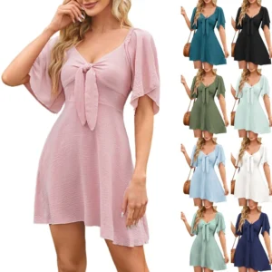 Women's Loose Casual Solid Color V-Neck Bow Tie Short Sleeved Dress Mini Dress