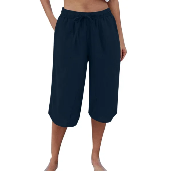 Womens Casual Cotton Hemp High Waist Drop Wide Legs With Drawstring Fifth Pants - Image 19