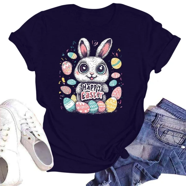 Happy Easter Women's Fashion Printed Round Neck Short Sleeve T-Shirt Pullover - Image 22