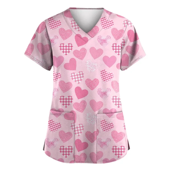 Women's Valentine's Day Printed  Uniform Work Uniform V-Neck Pocket Protective - Image 11