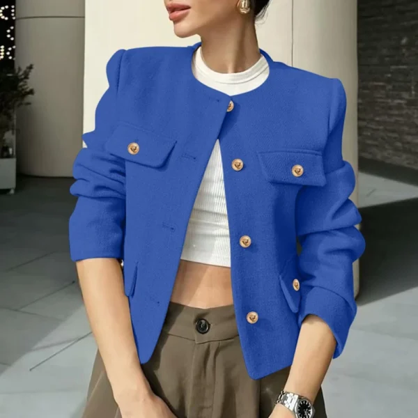 Women's Solid Color Round Neck Fashionable Button Decorated Short Jaket - Image 42