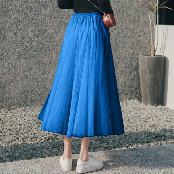 Women's Solid Color Mesh Skirt With Elastic Band Large Swing Mid Length Skirt - Image 12