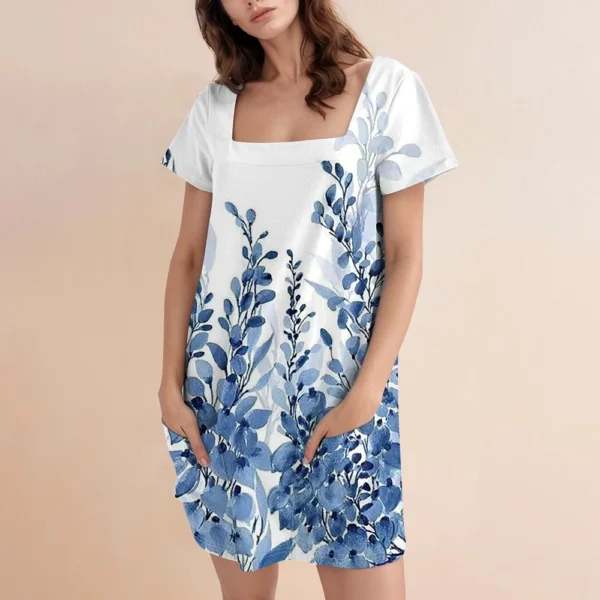 Women's Square Collar Short Sleeve Fashion Skirt Floral Print Pocket Casual - Image 19