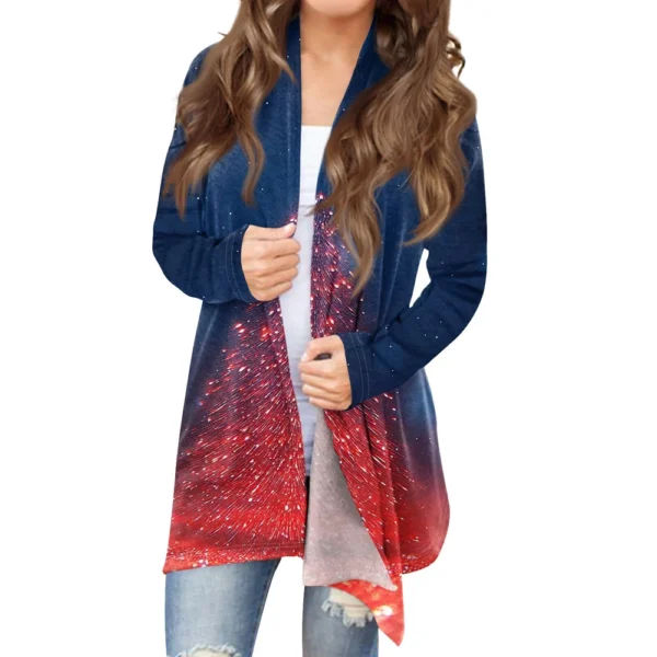 Women's Printed Cardigan Christmas Jacket Fashion Casual Medium Length Coat - Image 5