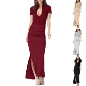 Women's Deep V-Neck Short-Sleeved Solid Color Pleated Long Dress