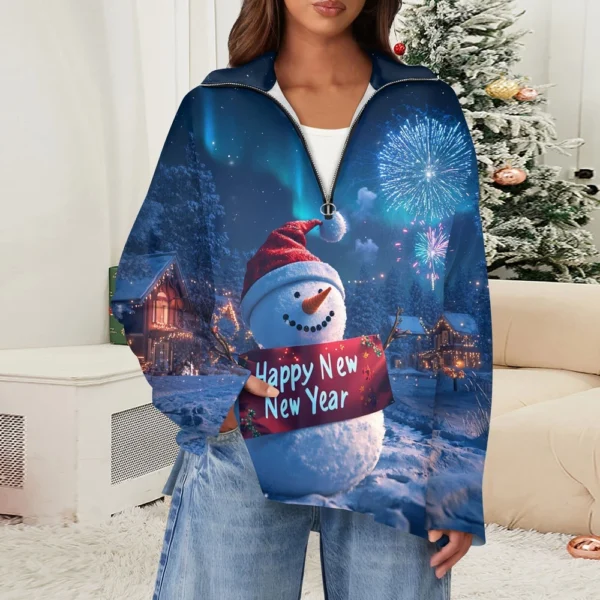 Women's Casual Half Zipper Lapel Christmas Printed Pullover Top Side Slit - Image 19