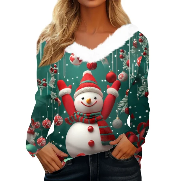 Women's Long Sleeve Christmas Printed Party Plush Neck Wide Casual V-Neck Top - Image 20