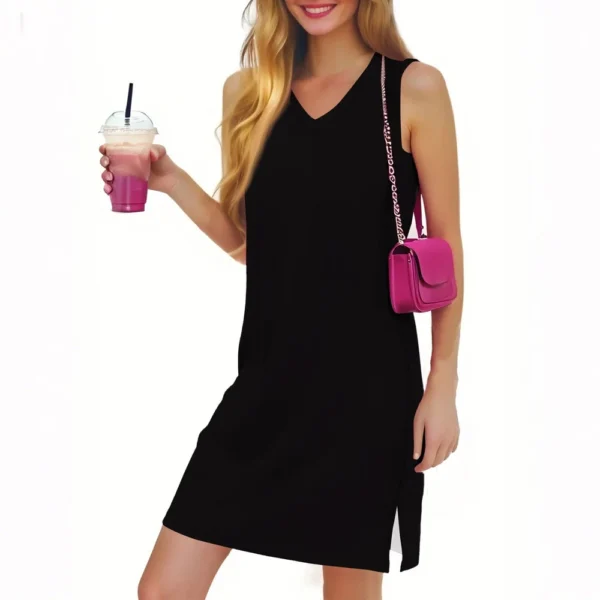 Women's Casual Fashion Sexy V-neck Sleeveless Solid Color Hem Slit Dress - Image 14