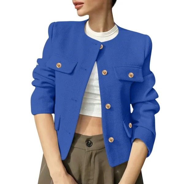 Women's Solid Color Round Neck Fashionable Button Decorated Short Jaket - Image 10