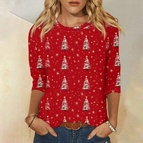 Ladies Loose Printed Casual T-Shirt Round Neck 3/4 Sleeve Christmas Women's Top - Image 37