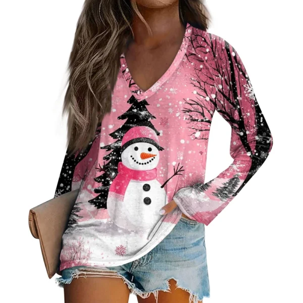 Women's Comfortable V-Neck Casual Long Sleeved Top Christmas Printed T-Shirt - Image 20