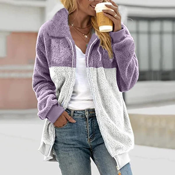 Women's Casual Color Blocking Loose Plush Zippered Flip Collar Jacket With - Image 22