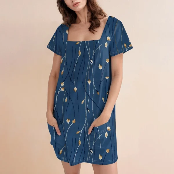 Women's Square Collar Short Sleeve Fashion Skirt Floral Print Pocket Casual - Image 24