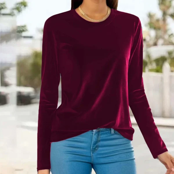 Women's Fashion Golden Velvet Solid Colour Round Neck Long Sleeve T-Shirt Top - Image 27