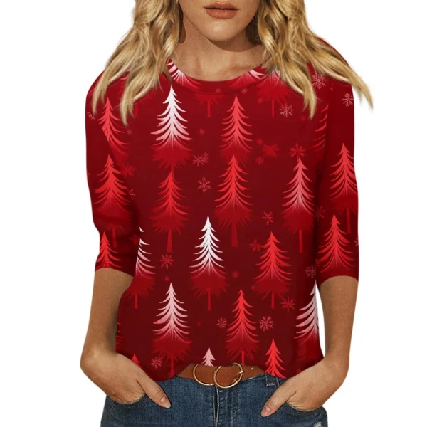 Ladies Loose Casual Round Neck T-Shirt Printed 3/4 Sleeve Christmas Women's Top - Image 38