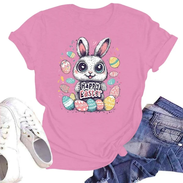 Happy Easter Women's Fashion Printed Round Neck Short Sleeve T-Shirt Pullover - Image 25