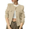Women's Solid Color Round Neck Fashionable Button Decorated Short Jaket - Image 14