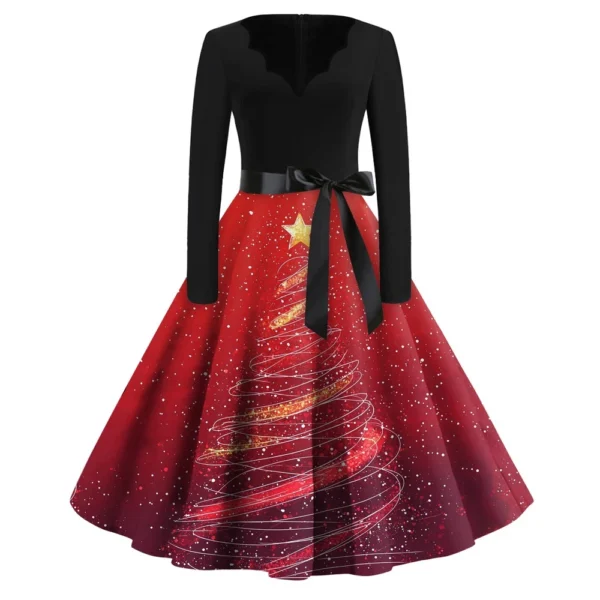 Women's Casual V-Neck Fashion Printed Christmas Long Sleeve Slim Dresses - Image 4